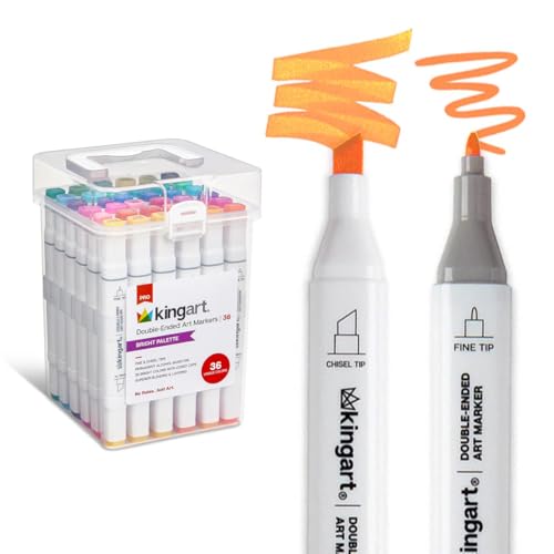 KINGART Double-Ended Art Markers, Fine & Chisel Tips, Alcohol-Based, 36 Bright Colors, Professional Drawing Markers for Illustrations, Artists, Smooth Paper - color: Bright