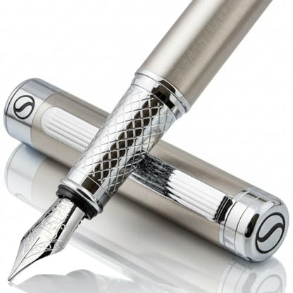 Scriveiner Stainless Steel Fountain Pen - Stunning Luxury Pen with Steel Finish, Schmidt Steel Nib (Fine), Best Pen Gift Set for Men & Women, Professional, Executive Office, Nice Designer Pens - color: 13. Stainless Steel with Chrome, style: Fine Nib