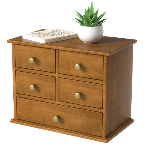 Oak Desk Organizer with Drawers, Durable Wooden Desktop Storage Box with Metal Handles & Non-Slip Silicone Pads, 5 Drawer Tabletop Organizer for Office, Bedroom, Bathroom, Vanity, and Makeup – Walnut - color: Walnut, size: 5 Drawers