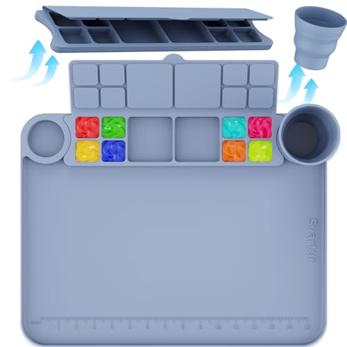 Silicone Painting Mat with Cup and Palette Removable, 17"X13" Thick Silicone Art Mat for Craft with Raised Edge for Resin DIY Making, Gray - color: Gray