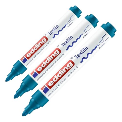 edding 4500 textile marker - orient blue - 1 pen - round nib 2-3 mm - permanent fabric markers for drawing on textiles, wash-resistant up to 60 °C - marker pens for fabric lettering (Pack of 3) - color: Orient Blue, size: 1 Count (Pack of 3)