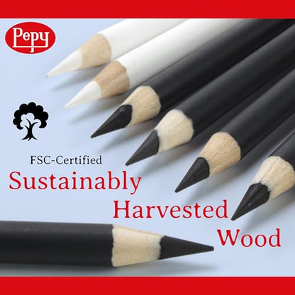 Pepy Charcoal Assorted Set of 6 Pencils: 2 Each Hard, Medium, Soft Pencils