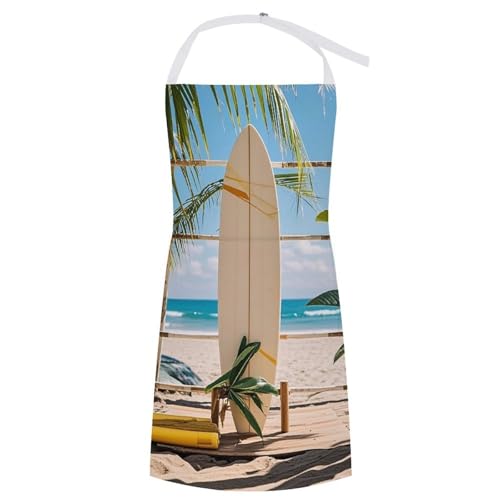 Bib Aprons Waterproof Chef Apron Fashion Painting Artist Apron | Surfboard on Wooden Apron for Men Women Adjustable Cooking Apron Funny Kitchen Aprons Polyester Art Aprons