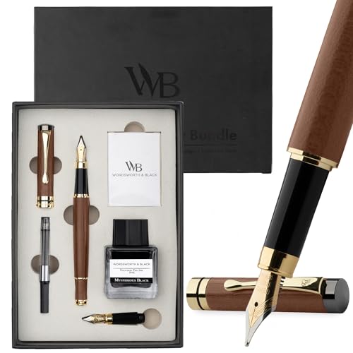 Wordsworth & Black Fountain Pen Set, Luxury Bamboo Wood - Medium Nib, Extra Fine Nib, Gift Case; 25ML Black Ink Bottle, 6 Ink Cartridges, Refill Converter - Calligraphy, Writing [Brown Wood] - color: Brown Wood