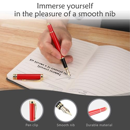 Tiankool Luxury Fountain Pen,Fine Nib, Exquisite Pen Gift Set for Men&Women-Includes 10 Ink Cartridges&Ink Converter- Nice Pens - Red - color: Red
