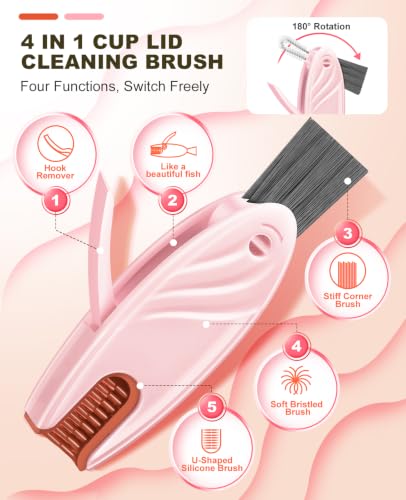 4 in 1 Cup Lid Gap Cleaning Brush Set 2 Pcs - Multifunctional Bottle Cleaning Brush Tools for Home Kitchen and Travel Cleaning | Portable Silicone Cup Lid Cleaner in 2 Colors (Beige & Pink) - color: Beige & Pink