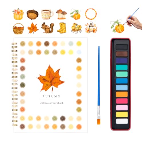 Watercolor Workbook for Adults, Beginner Friendly Watercolor Painting Kit Autumn Water Coloring Book, Nature-Themed Practice Art Gift Water Color Paint Book with Palette and Brush - color: Autumn
