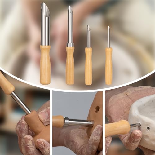 Amrules Clay Tools Kit, 4 PCS Circular Clay Hole Cutters Tools, Wooden Handle and Stainless Steel Sculpting Tools Kit Suitable for Drilling, Carving, Pottery Craft and DIY Projects - color: Lightyellow-Hole-4Pcs