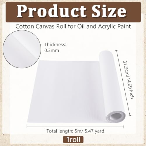 OLYCRAFT 14.7 Inch x 5.5 Yards Double Primed Cotton Canvas White Canvas Roll 0.3mm Thick Cotton Canvas Roll for Painting Double Primed Gesso Canvas Paper for Oil and Acrylic Paint Art Projects