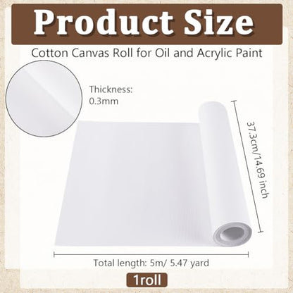 OLYCRAFT 14.7 Inch x 5.5 Yards Double Primed Cotton Canvas White Canvas Roll 0.3mm Thick Cotton Canvas Roll for Painting Double Primed Gesso Canvas Paper for Oil and Acrylic Paint Art Projects