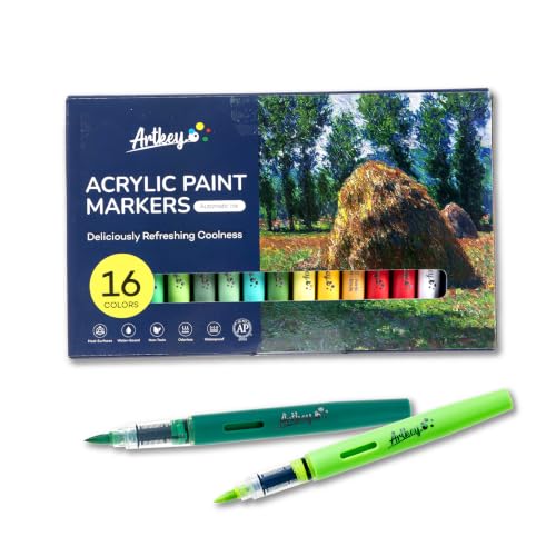 Artkey Acrylic Paint Markers Set 16 Colors Summer Palette, Direct-Liquid Acrylic Paint Pens with Flexible Brush Tip for Rock Painting, Wood, Canvas, Glass, Ceramic, Fabric, DIY Crafts - color: 16 Colors