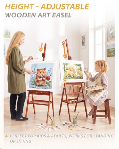Adjustable Wooden Art Easel Stand for Painting, Solid Beech Wood Easel Stand with Storage Tray,Floor Standing Paint Art Easel for Adults,Large Easel Painting for Adults Artist Students Studio - style: Easel – Walnut Finish