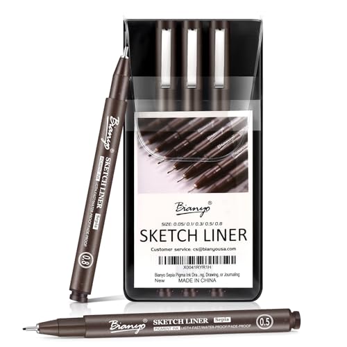 Bianyo Sepia Tone Art Pen Set, 5 Assorted Tips - Warm Pigment Ink Sketch Liner for Vintage Sketching, Nature Illustrations, and Elegant Calligraphy, Water-Resistant and Archival Quality