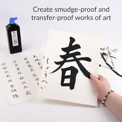Yasutomo Bokuju Liquid Ink - 12oz Sumi Ink for Calligraphy and Artwork - Black Drawing Ink for use with Japanese Ink Brushes and Dip Pens