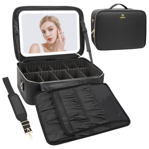 Chomeiu Makeup Bag with LED Mirror, Large Train Case for Makeup Artists, 16.2 inches Travel Professional Cosmetic Organizer with Light Up Mirror, 3 Color Lights, Adjustable Dividers & Shoulder Strap - color: 01-Black 2, size: Large