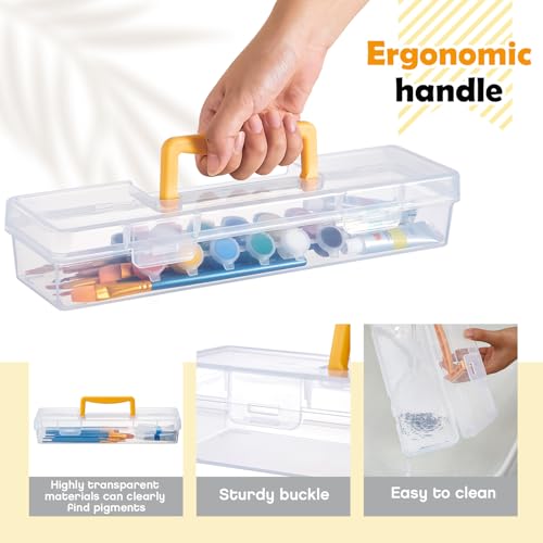Gerrii 3 Pack Paint Brush Storage Box Portable 13 Inch Long Paintbrush Drawing Tools Pencils Container Case with Handle Clear Paint Brush Organizer Holder for Artist Craft Art School Supplies