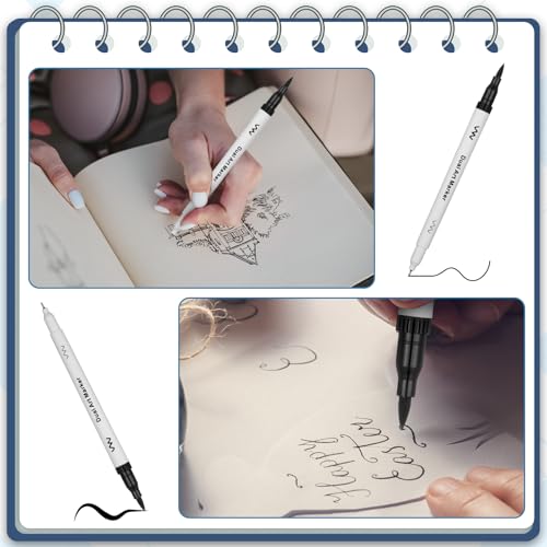 Affrolling 20 Pcs Black Drawing Pens Bulk Dual Brush Fineliners Pens Felt Tip Markers for Art Drawing Sketching