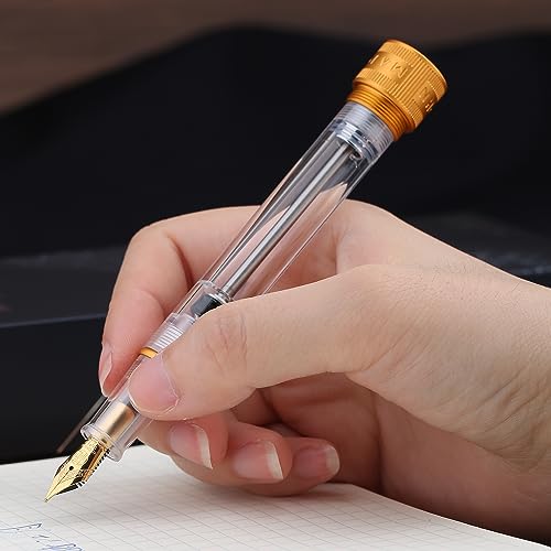 erofa Majohn V1 Vacuum Filling Fountain Pen Extra Fine Nib, Transparent Acrylic Demonstration Writing Gift Pen with Box (Golden Clip) - color: Extra Fine Nib (Golden Clip)