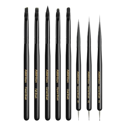 8PCS Nail Art Brush Set for Gel & Acrylic – French Tip, Flat, Oval & Carved Liner Brushes with Dotting Tools, Professional Builder Poly Gel Nail Design Kit - color: Black Wod 8PCS