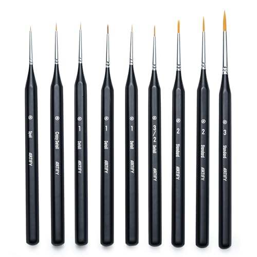 ARTIFY Miniature Detail Paint Brush Set: 9-Piece Round Fine Tip Small Model Paintbrushes, Thin Mini Tiny Micro Paint Brushes for Miniature Art Painting Accessories