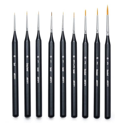 ARTIFY Miniature Detail Paint Brush Set: 9-Piece Round Fine Tip Small Model Paintbrushes, Thin Mini Tiny Micro Paint Brushes for Miniature Art Painting Accessories