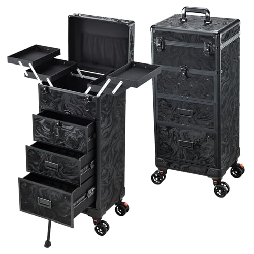 Stagiant Rolling Makeup Case with Drawers Cosmetology Case on Wheels 4 IN 1 Makeup Case 3 Drawers with Foot Stand Spring-release Mechanism Rolling Make Up Organizer for Artist Salon Nail Teach Trunk - color: 3 Drawers Alpine Black