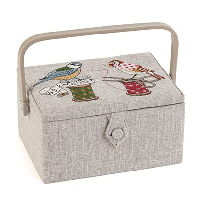 Hobby Gift Medium Sewing Box Organiser, Fabric Covered Storage Box with Handle, Internal Tray, Pin Cushion and Pocket for Sewing, Quilting and Knitting Supplies - color: Birds on Bobbin