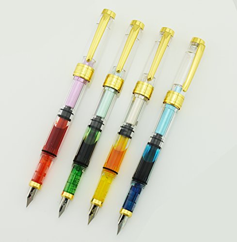 Lanxivi 4 PCS Yongsheng 3008 Piston Fountain Pen Fine Nib Transparent Diversity Color Gold Trim Set - color: 3008 Gold Trim F