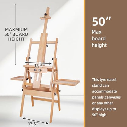 Large Horizontal Wooden H-Frame Studio Easel with Storage Drawer and Palettes, Solid Beechwood Painting Easel for Students, Beginners, and Artists, Hold Canvas to 50Inches High - style: Horizontal Natural