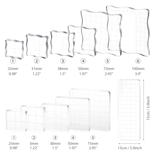 12Pcs Acrylic Stamp Block Clear Stamping Blocks Tools Set Assorted Sizes Stamp Blocks with Grid Lines for Scrapbooking Crafts Card Making