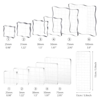 12Pcs Acrylic Stamp Block Clear Stamping Blocks Tools Set Assorted Sizes Stamp Blocks with Grid Lines for Scrapbooking Crafts Card Making