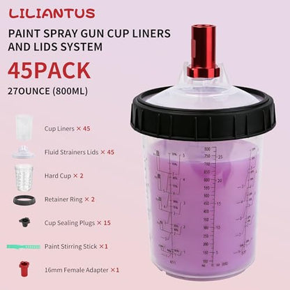 Disposable Paint Spray Gun Cups for Automotive Painting, 27 oz Paint Mixing Cup Kit, 45 Pack Cups with Lids, 2 Hard Cups, 2 Retainer Rings,1 Paint Gun Adapter and 1 Paint Stirrer - size: 27 ounce