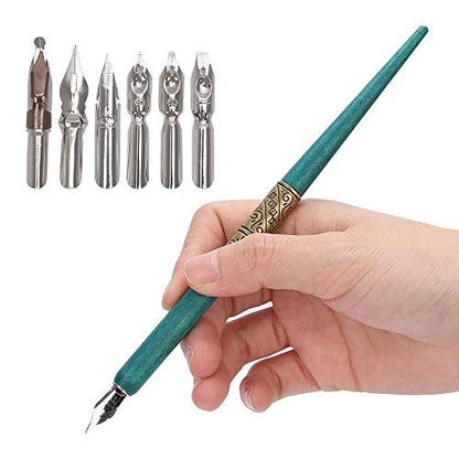 Calligraphy Oblique Nib Pen Point Holder, English Calligraphy Pen Nib Holder Antique Copperplate Script Handed Dip Pen + 6 Flat Nibs(2)