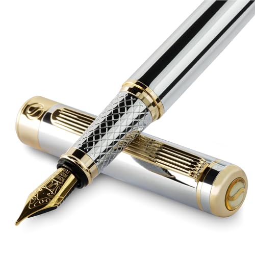 Scriveiner Silver Chrome Fountain Pen - Stunning Luxury Pen, Real Gold Finish Schmidt Gilded Nib (Medium), Best Pen Gift Set for Men & Women, Professional, Executive Office, Nice Pens - color: 10. Silver Chrome with Gold, style: Medium Nib