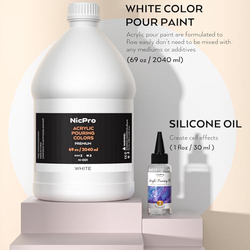 Nicpro Titanium White Color Acrylic Pour Paint, 69 Ounce Pre-Mixed Pouring Paint Supplies with Silicone Pour Oil & Gloves for Canvas, Rock, Wood Cell Creation Flow DIY Art Painting, Ready to Pour - color: 69oz-white