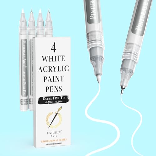 Pinturale Arts White Paint Pens Extra Fine Point | Set 4 White Acrylic Paint Pen Extra Fine Tip (0.7mm & 0.5mm) | For Black Paper, Ceramics, Rock Painting, Glass, Wood, Canvas, Metal - color: White