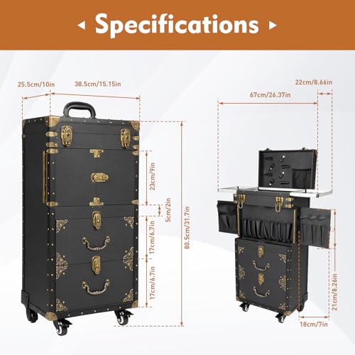 44.09lbs Lockable Makeup Train Case,Rolling Hairdressing Trolley,Beauty Salon Cosmetic Luggage with Universal Wheels for Hair Stylist,Make-up Artists (Black 2) - color: Black 2