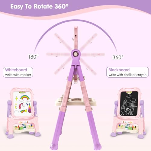 Kids Art Easel, Adjustable Drawing Whiteboard & Chalk Board, Double Sided Toddler Easel with Painting Accessories, Birthday Gift Toy for Little Girls Boy Age 2 3 4 5 (Pink) - color: Pink