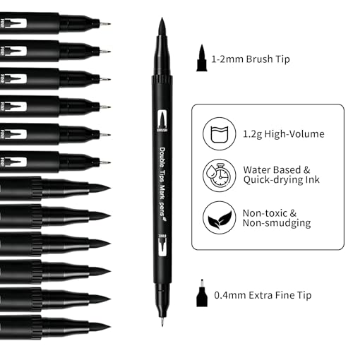 Surcotto Black Markers for Drawing,12 Pack Drawing Pens, Brush Pens with Felt Tips for Artists, Dual Tip Brush Fineliners Pens, Calligraphy Pens, for Art Drawing Sketching Journaling, Black