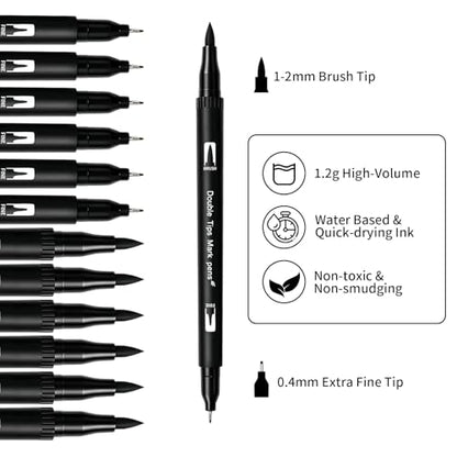 Surcotto Black Markers for Drawing,12 Pack Drawing Pens, Brush Pens with Felt Tips for Artists, Dual Tip Brush Fineliners Pens, Calligraphy Pens, for Art Drawing Sketching Journaling, Black