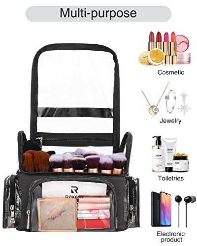 Relavel Extra Large Makeup Case and Makeup Brush Holder Bag, Professional Makeup Organizer, Large Capacity with Adjustable Dividers and Shoulder Strap (Black) - color: Black with Clear Makeup Case, size: Extra Large