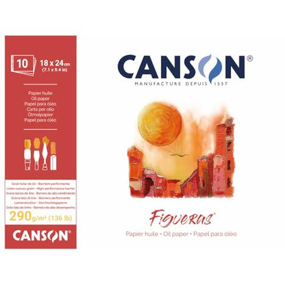 Canson Figueras, Oil Paper, Imitation Linen Grain, 290gsm, Glued pad on Short Side, 18x24cm, White, 10 Sheets - size: 18x24cm, style: Gluing short side
