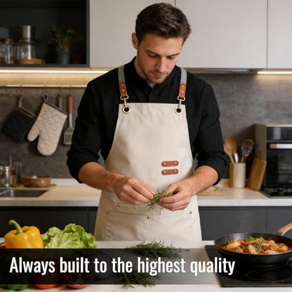Aoomzoon Durable Kitchen Apron,Multifunctional Chef Aprons for Women & Men with Pockets for Cooking Baking & Daily Use - color: Beige
