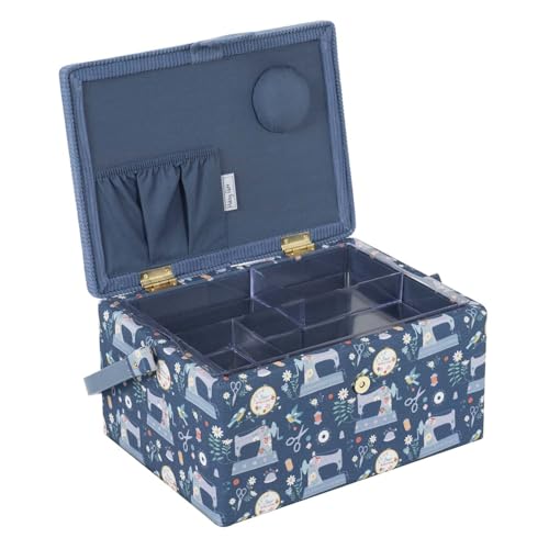 Hobby Gift Medium Sewing Box Organiser, Fabric Covered Storage Box with Handle, Internal Tray, Pin Cushion and Pocket for Sewing, Quilting and Knitting Supplies - color: Sewing Machines