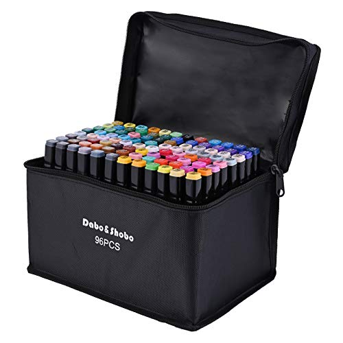 Dabo&Shobo 96 Color Alcohol Marker Pen, Bright Permanent Markers For Coloring, Markers For Adults Coloring Book, Wide Chisel And Fine Tip, Dual Tip Design Equipped with Black Suitcase
