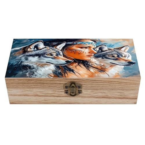 Mystical Indigenous Woman And Wolves Wooden Storage Box 7.9×3.9×2.3 Inch with Hinged Lid - Vintage Natural Wood Keepsake Trinket Storage Organizer Gift Box for Crafts Art Hobbies And Home Decoration G - color: Mystical Indigenous Woman and Wolves