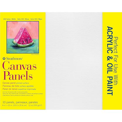 Strathmore 300 Series Artist Canvas Panels, 8x10 inches, White Pre-Primed, 10 Pack - 100% Cotton Surface for Acrylics & Oil Paints - size: 8x10