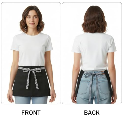 BOHARERS 3-Pocket Waist Apron With Black And White Plaid Shoulder Straps - Black Waitress Waiter Server Short Aprons - color: A2-1 Pack Black and White Plaid Straps