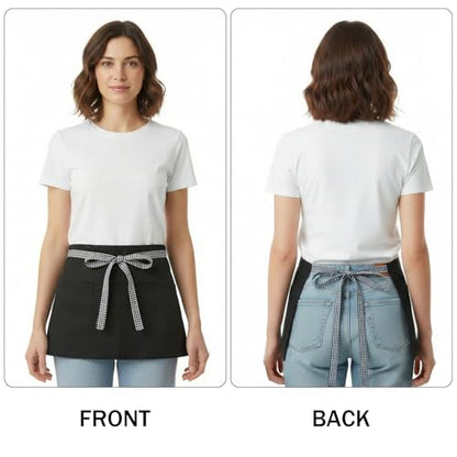 BOHARERS 3-Pocket Waist Apron With Black And White Plaid Shoulder Straps - Black Waitress Waiter Server Short Aprons - color: A2-1 Pack Black and White Plaid Straps