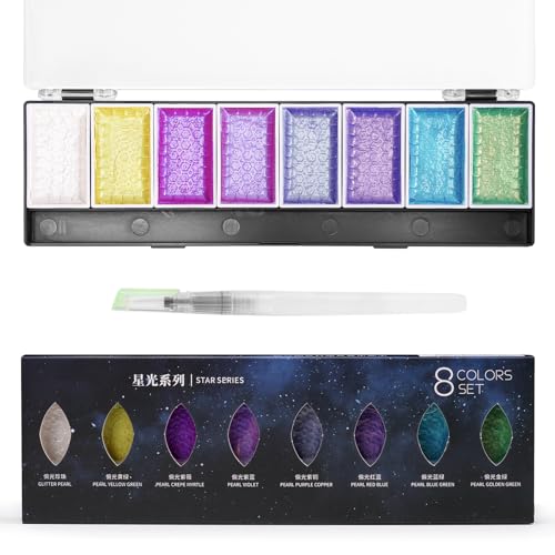 LIGHTWISH Metallic Waterolor Paints,8 Star Colors,Artist Glitter Solid Watercolors with 1 Water Brush Pen for Artists, Students and Beginners - color: 8 Starry Colors